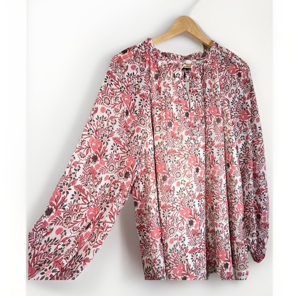 Talbots Pink Floral Print Blouse Split Neck Sheer Long Sleeve Boho Size Large